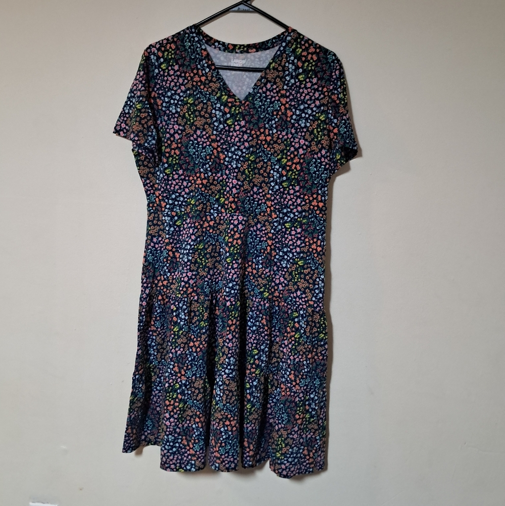 Lands End Womens V-neck Tiered Flowy Floral Dress Pockets Sz. M 10-12